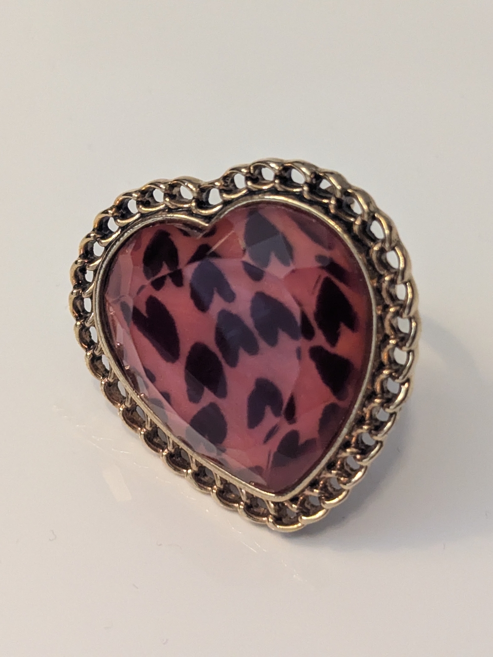 Vintage Betsey Johnson Pink Leopard Lucite Heart Ring Rare Size 7